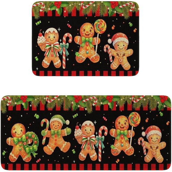 Christmas Kitchen Rugs Set of 2 (17x30 17x47) 2 Piece Red Gingerbread Man Non-Slip Backing Kitchen Mats Water Resistant 2PCs Vintage Gingerbread Kitchen Rugs