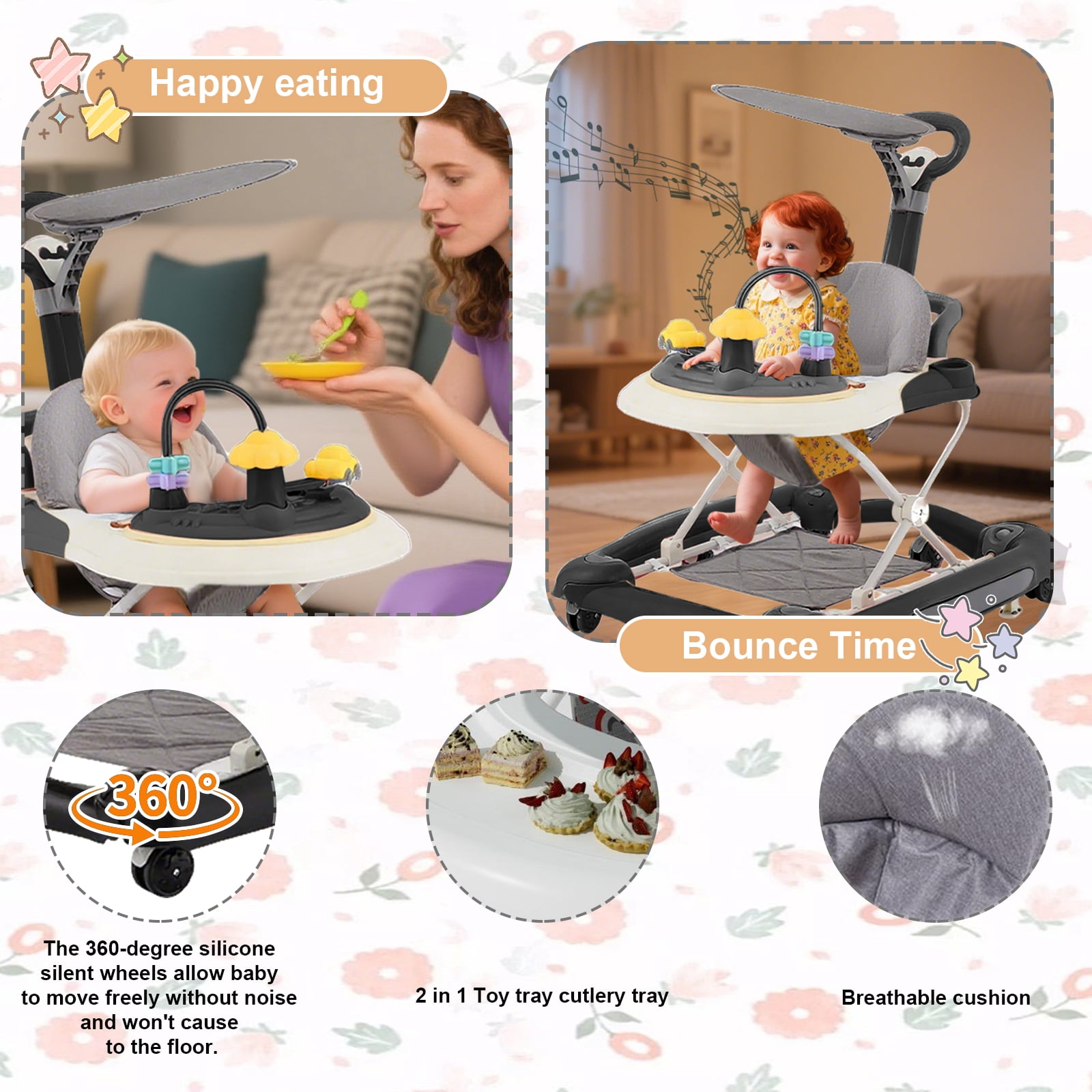 MINGYI 5-in-1 Baby Activity Walker, Foldable, Height Adjustable, Quiet Wheels, Easy Clean, Black, Suitable for Boys and Girls