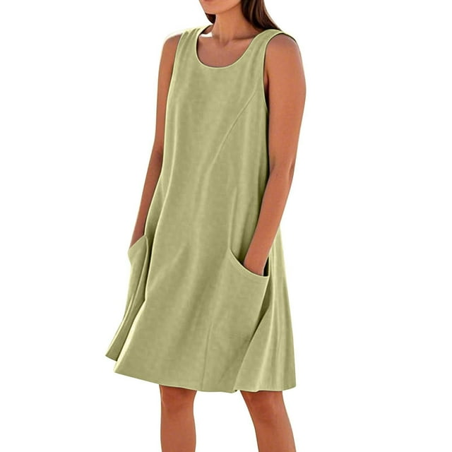 Vestido sin mangas estampado de lino para mujer: largo hasta la rodilla, estampado floral, bolsillos, ropa de verano para la playa.