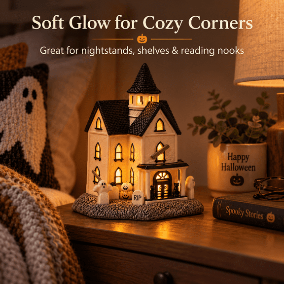 Light Up Halloween Manor, Porcelain Village House, Vintage Tabletop Decor with Pumpkins Ghosts, Battery Operated Vintage House, Spooky Village Accent​