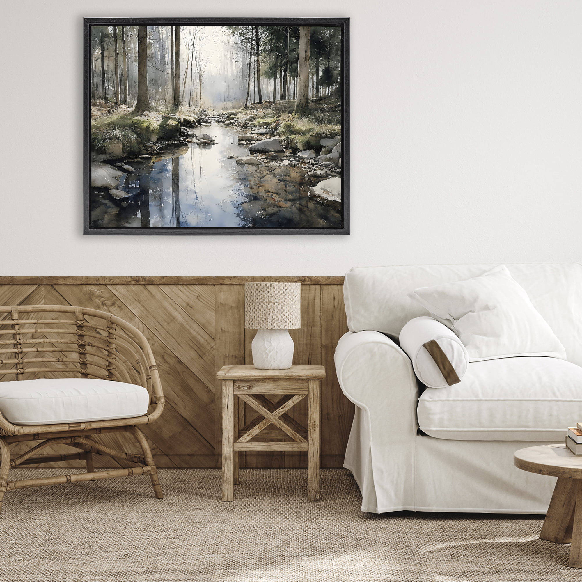 Stupell Industries Rock Creek in Morning Mist Black Framed Floater Canvas Wall Art, design by Franklyn Gregory