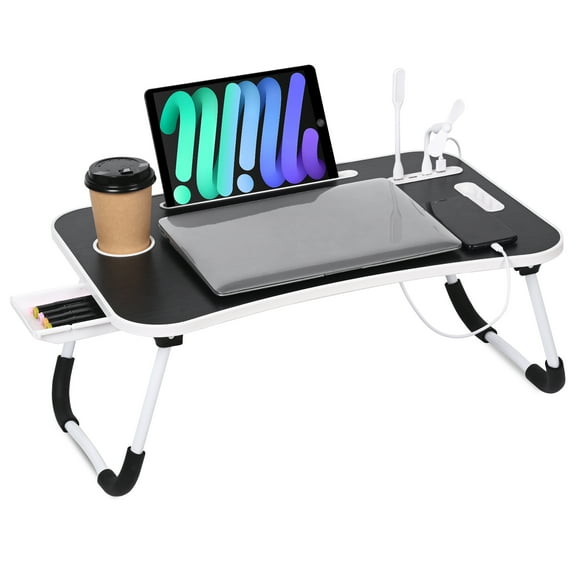 Laptop Bed Desk,Portable Foldable Laptop Lap Desk Tray Table with USB Charge Port/Cup Holder/Storage Drawer,for Bed/Couch/Sofa Working, Reading-Black