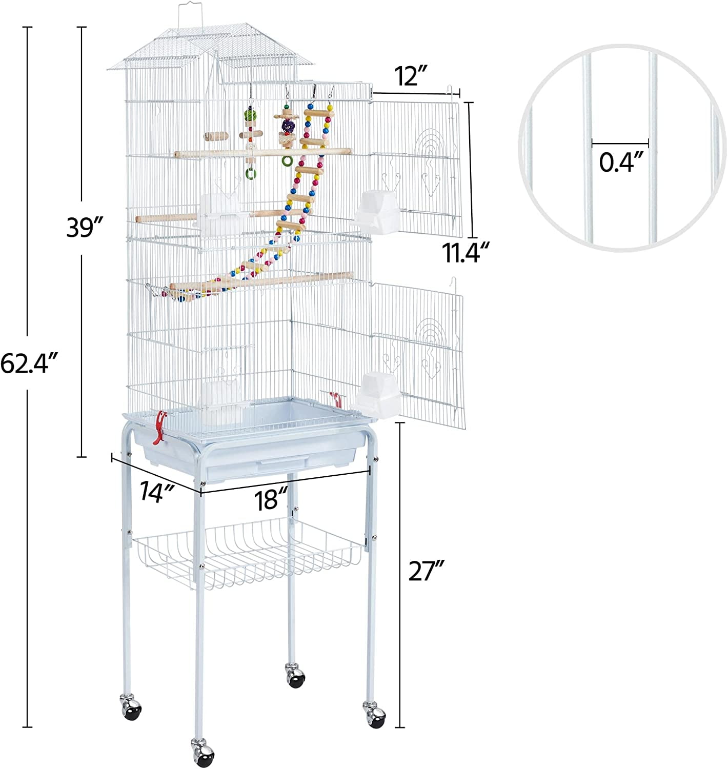 GMNIU 62.4inch Height Metal Roof Top Bird Cage Parrot Cage Parakeet Cage with Rolling Stand for Small Birds, White