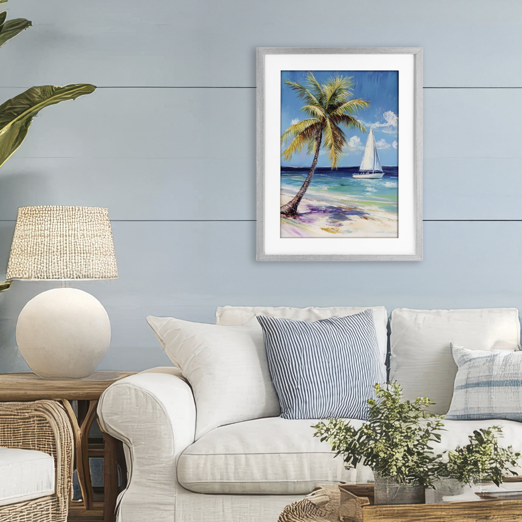 Stupell Industries Sailboat Delight with Palm Tree Gray Framed Print Under Glass, design by Petal Prints Design