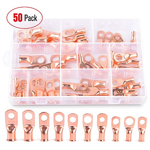 Nilight 50pcs Heavy Duty Copper Wire Lugs 10types Battery Cable Closed Ends Bare Copper Eyelets Tubular Ring Battery Terminal Connectors Assortment Kit,2 Years Warranty