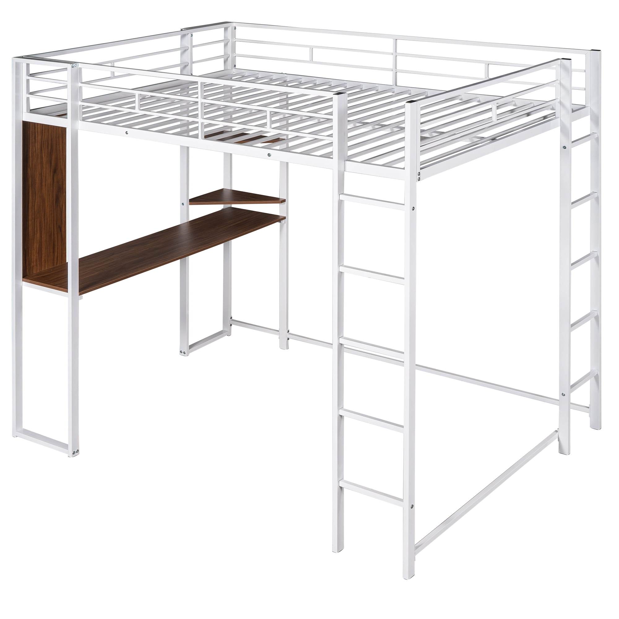 Gewnee Full Size Metal Loft Bed with Desk and Two Ladders for Kids and Teens,White