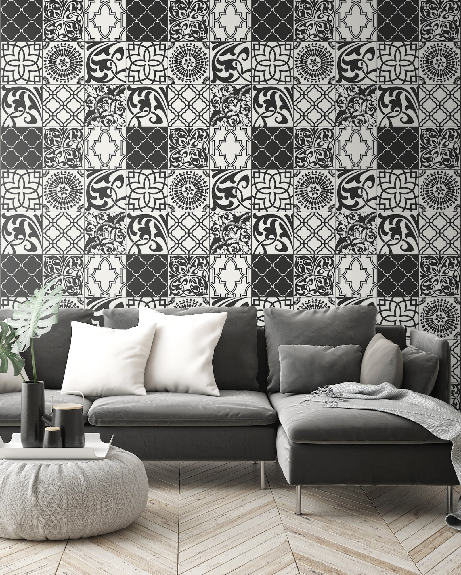 NextWall  Black and White Graphic Tile Peel and Stick Wallpaper - 20.5 in. W x 18 ft. L