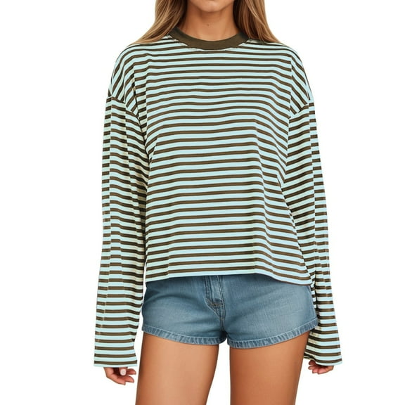 Women's Long Sleeve Striped T-Shirt with Color Design for Comfortable Everyday Wear Loose Fit and Round Neck Style