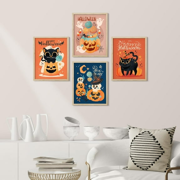 PixonSign Framed Wall Art Halloween Celebrations & Holidays Posters, Set of 4 Cute Jack O' Lantern Black Cat Cartoon Illustrations Wall Decor, Adhesive Canvas Prints for Home Decor - 11"x14" Natural