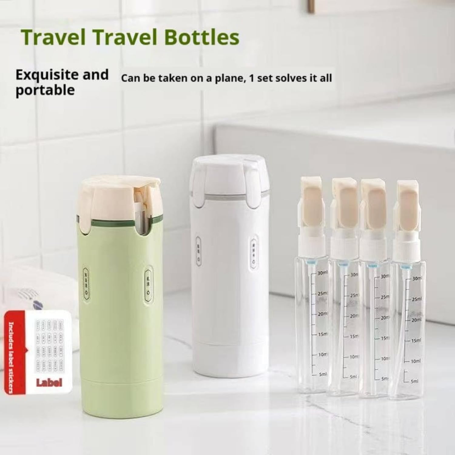 4 in 1 Refillable Travel Dispenser Bottles, Portable Travel Toiletries Bottle Set, Travel Bottles, With Light-Shielding Design, Push-Down Dispenser, Leakproof (White)