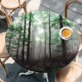 thumbnail image 2 of Teal Forest Round Tablecloth, Fitted Table Cover with Elastic for 45"-54" Round Tables, Vintage Foggy Woods Tree Mysterious Table Cloth Outdoor Indoor Dinning Party Waterproof Tablecloths, 2 of 7