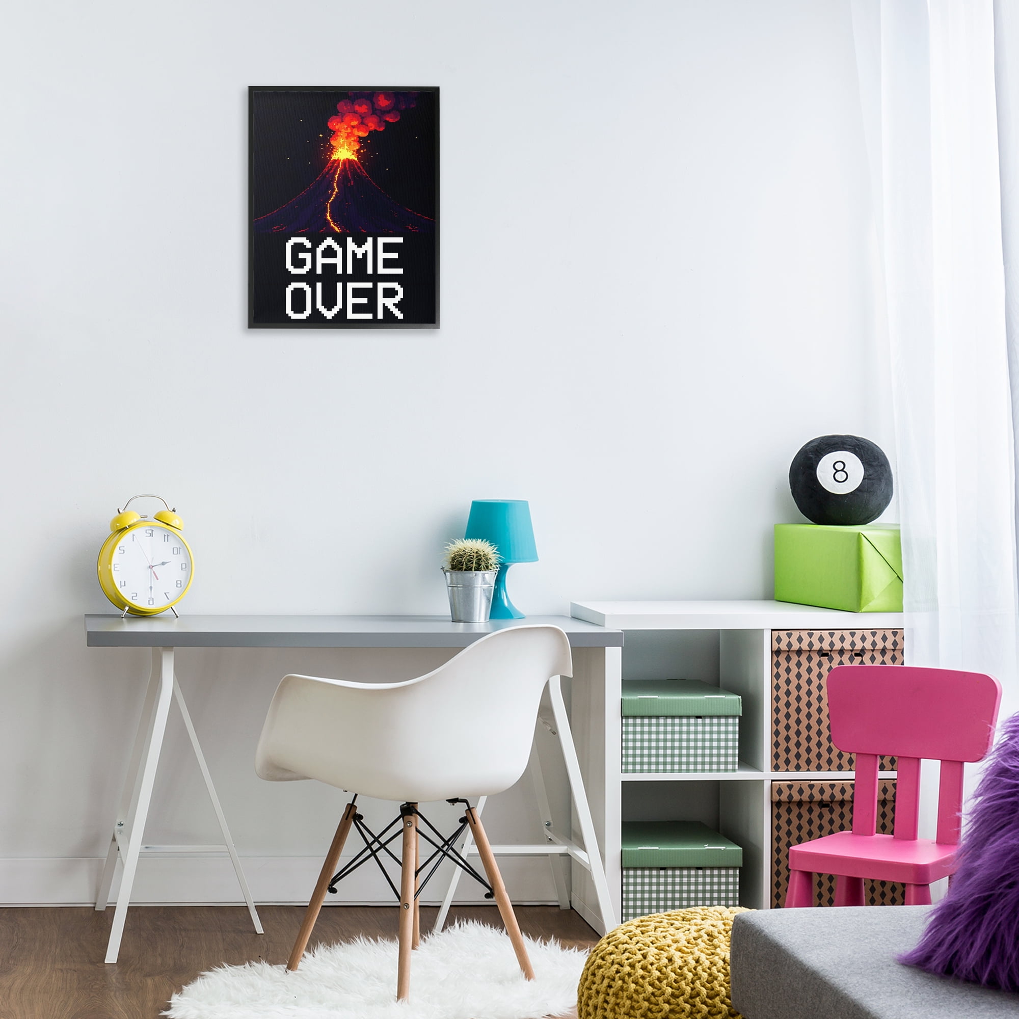 Pixel Volcano Game Over Black Framed Giclee Art, design by Kim Allen