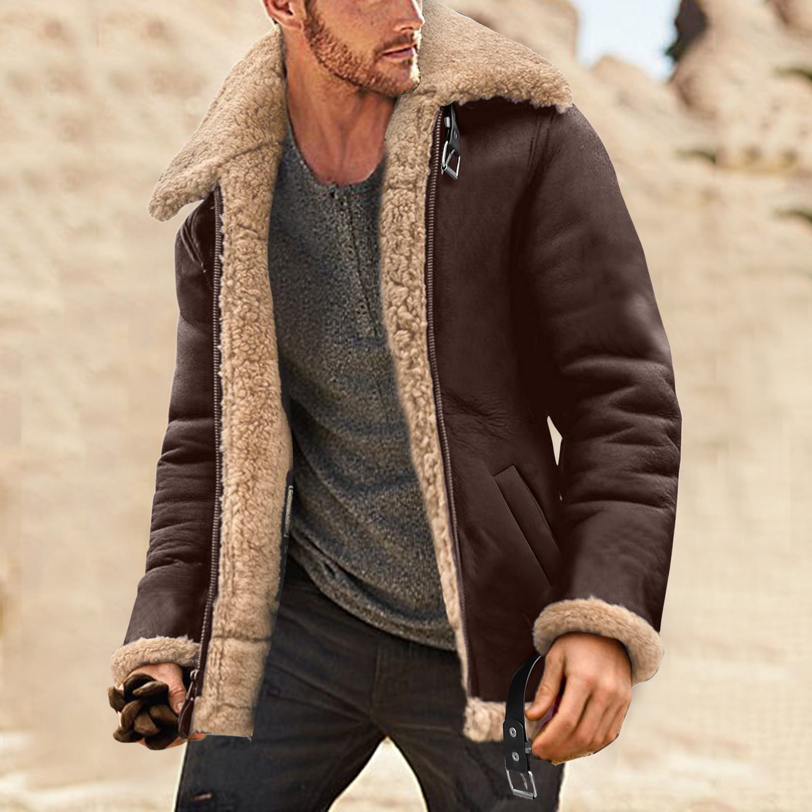 Olyvenn Clearance Men's Fashionable Thick Leather Coat Long Sleeve