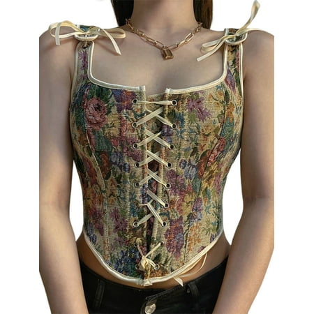 

Suanret Women Summer Fashionable Skinny Camisole Ladies Sleeveless U Neck Front Bandage Floral Vest Apricot L