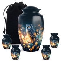 Owl Cremation Urn For Human Ashes Adult Male - 1 Large Urn For Women And Man - Blue Mini Urns For Husband And Wife Set Of 4 - Memorial Urns For Adults Brother (10&3) Inch
