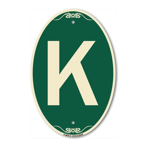 SignMission Designer Oval Series Sign - Sign with Letter K | Green & Tan 12" X 18" Heavy-Gauge Aluminum Architectural Sign | Commercial Grade | Made in the USA