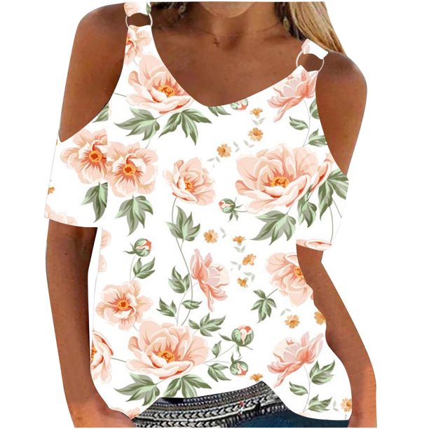 Fiudx Ofertas Flash Artículos En Oferta Blusas con Estampado Floral para Mujer, Camiseta con Hombros Descubiertos, Camiseta de Manga Corta con Cuello En V