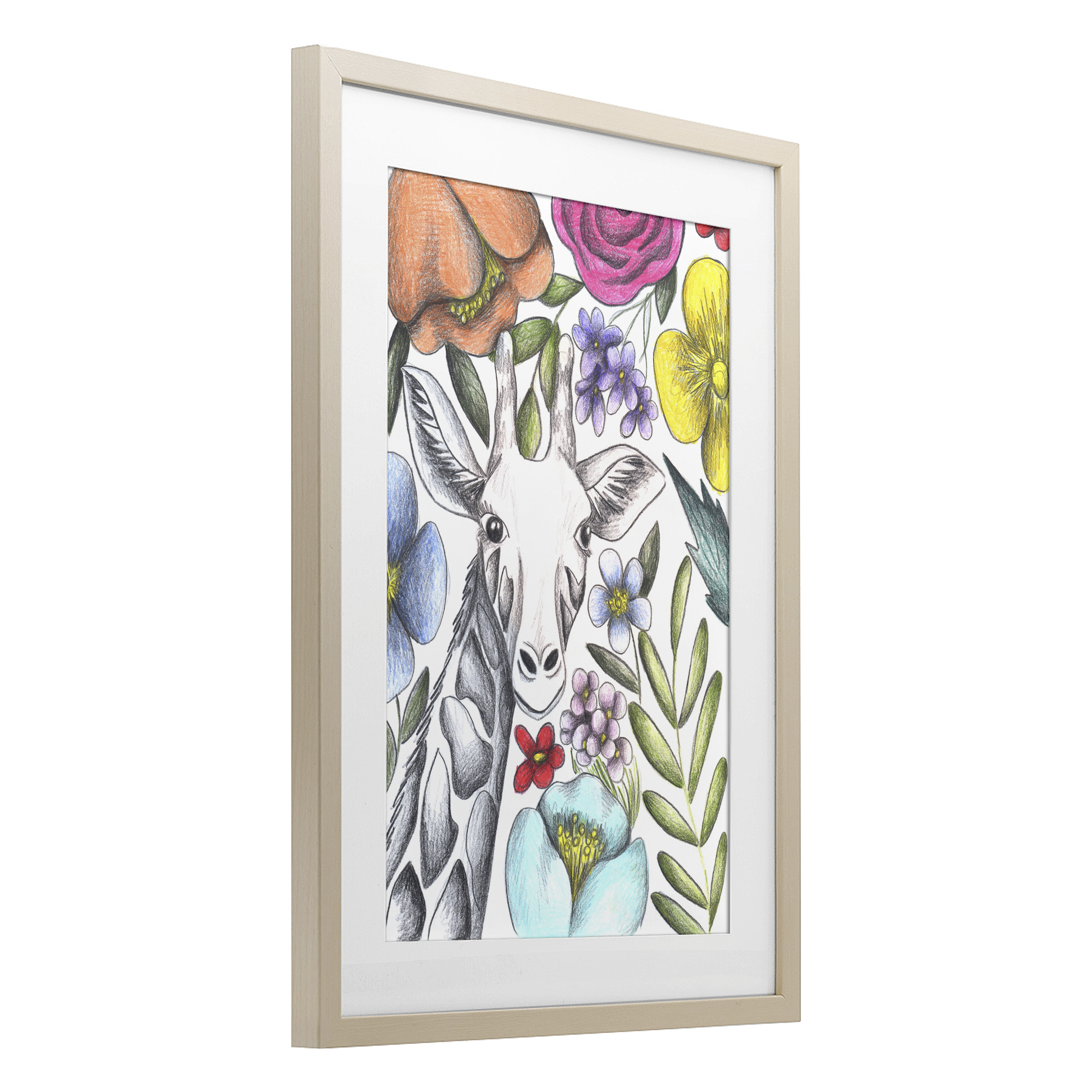 Giraffe In The Midst of Flowers Birch Framed Print Under Glass, design by Cecilia Battaini
