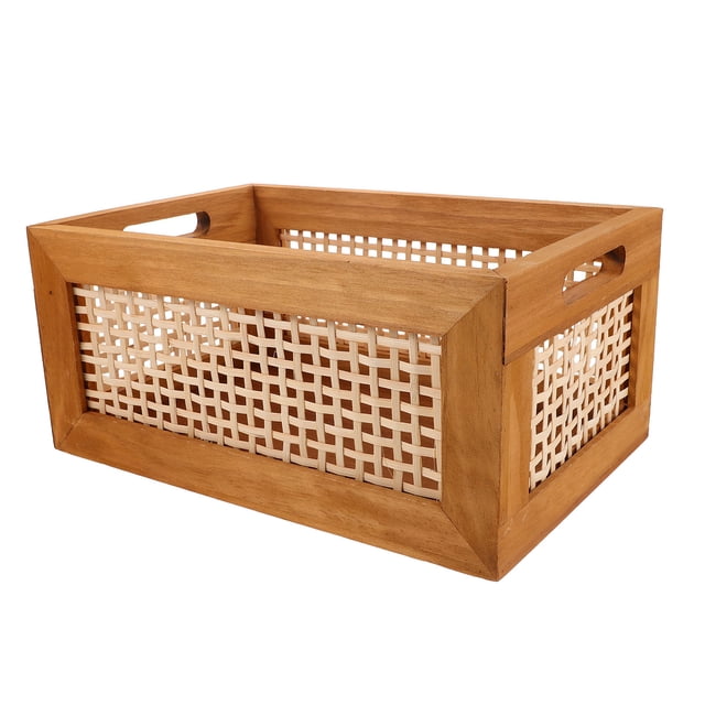 BESTYASH Vintage Style Khaki Wood Storage Basket with Handles Rectangular Wood Crate for Pantry and Books