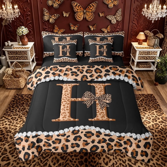 Manfei Leopard Print Letter H Bow Twin Bedding Sets, Fashion Diamond Bedding Comforter Set for Girls Women, Black Reversible, 7 Pieces