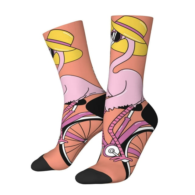 Fotbe Flamingo Riding a Bicycle Pattern Long Socks for Men & Women – Breathable & Stretchy Compression Socks, Ideal for Running, Travel, and Everyday Wear Size 5-11