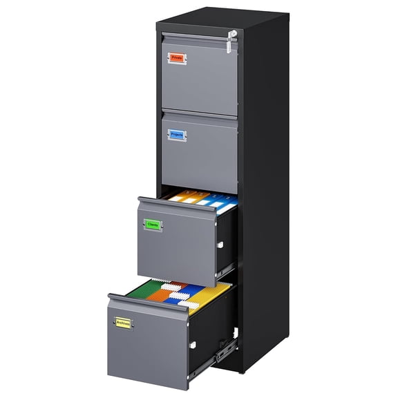 4 Drawer File Cabinet with Lock, Vertical Metal Filing Cabinet for Home Office, Anti-Tip Storage Drawers for Letter Legal A4 F4 Documents, Black, Easy Assembly