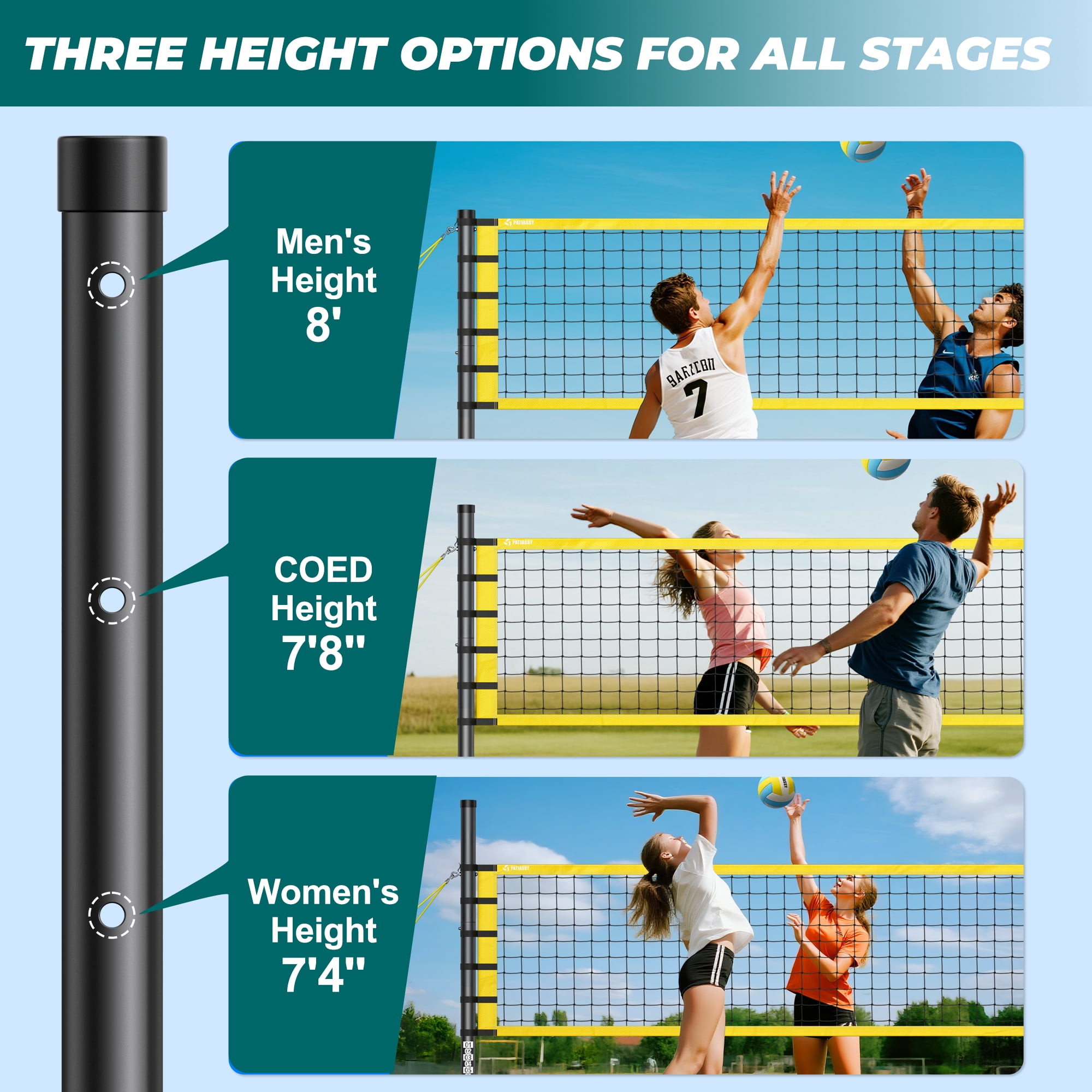 Patiassy 32ft Outdoor Portable Volleyball Net Set System - Adjustable Height Steel Poles, PU Volleyball with Pump and Carrying Bag for Beach Backyard