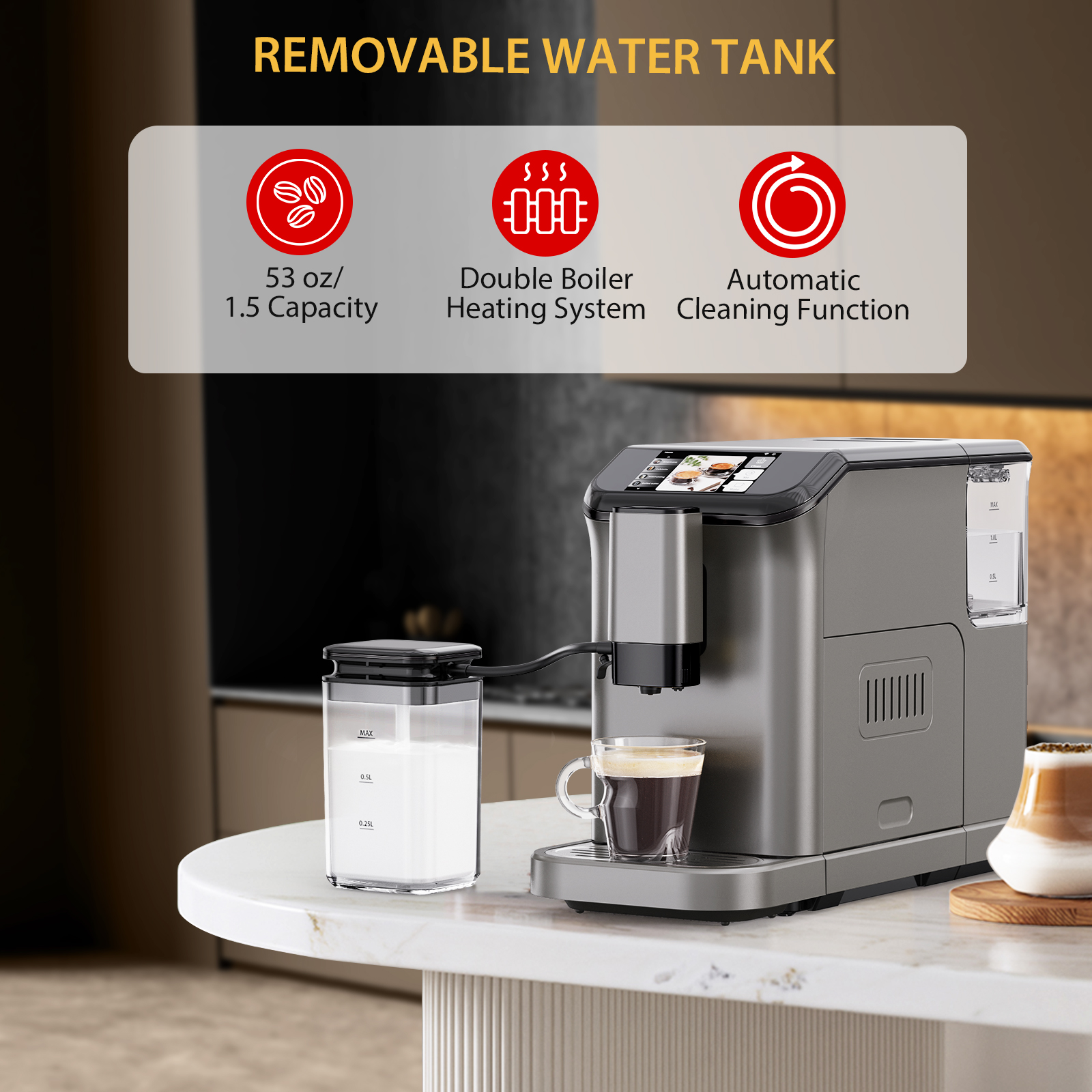 Ataucjin Fully Automatic Espresso Machine with Milk Frother, 4-in-1 Coffee Maker with Built-In Conical Burr Grinder & Touch Display, for Espresso, Cappuccino & Latte
