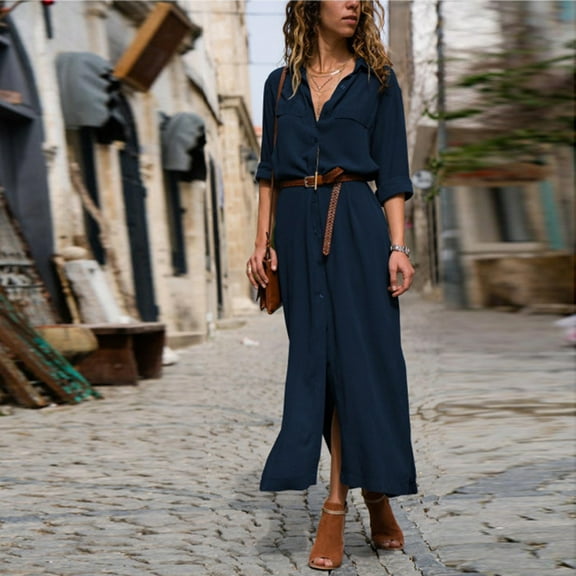 Qetyuw Casual Dress for Women Solid Color V Neck Long Sleeve Dresses Slim Fit Bandage Cardigans Dress