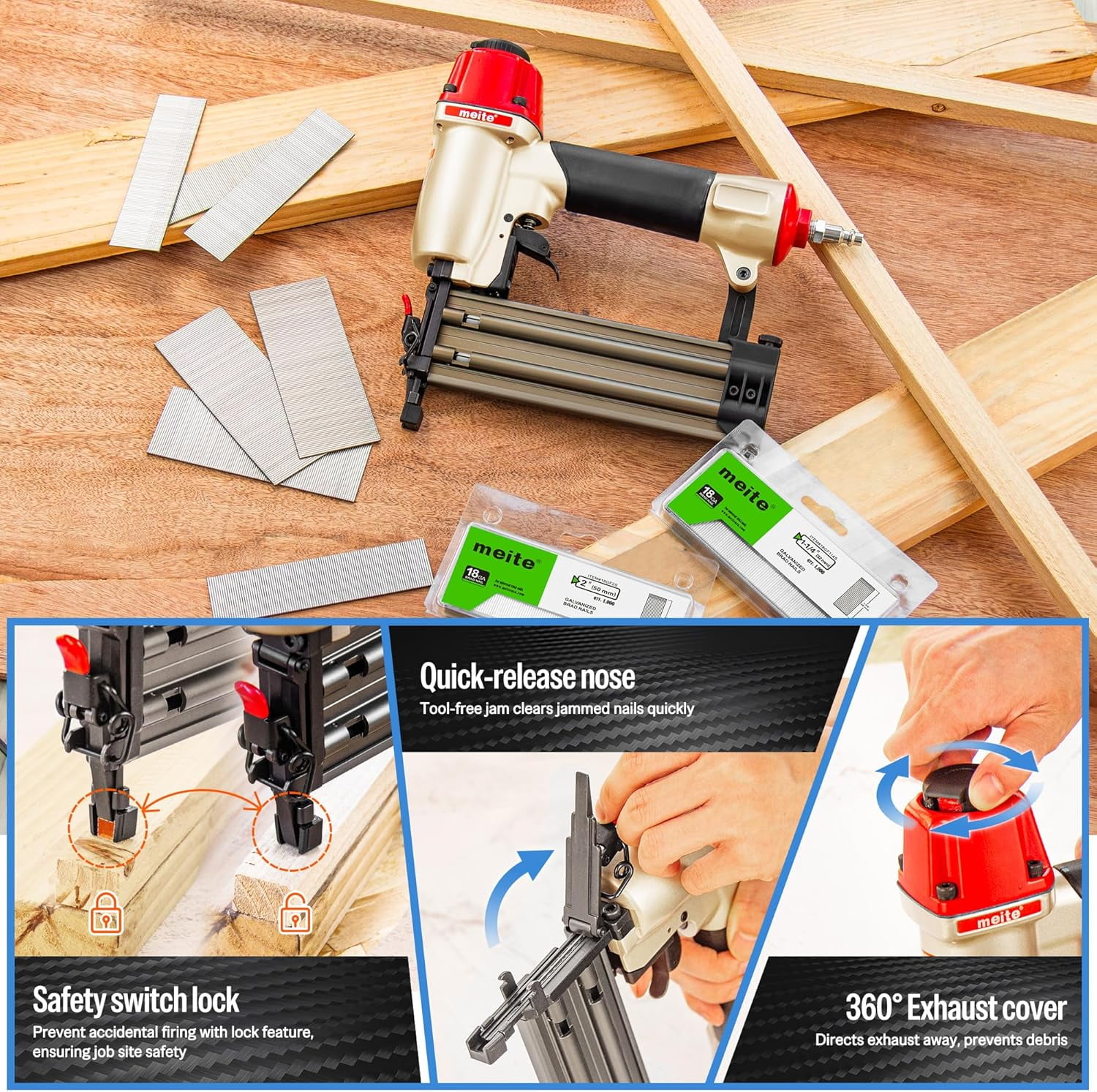 Meite 18Ga Pneumatic Nailer Brad Finish Gun for Window Door Installations Home Furniture Wood Working with free nails