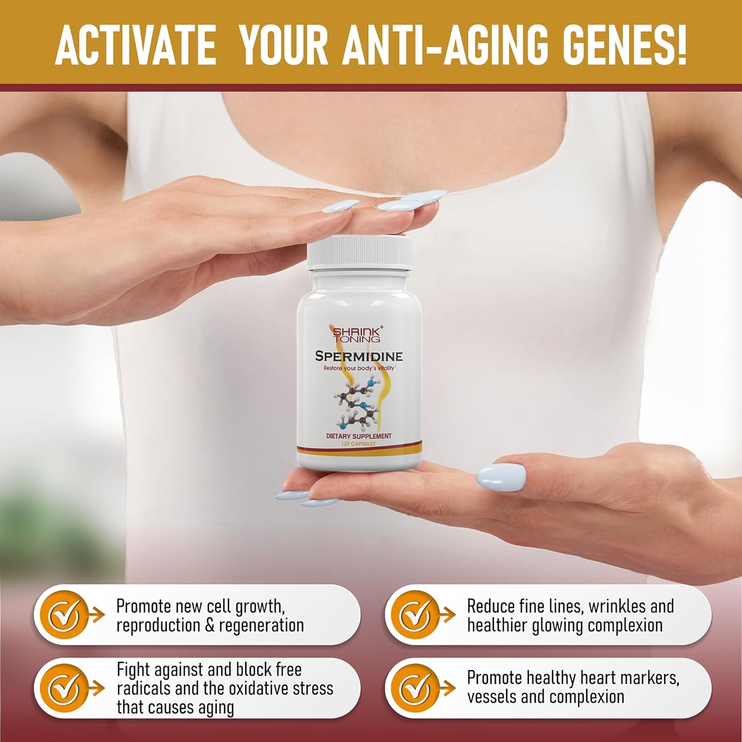 Shrink Spermidine Supplements - 120 Vegan Caps, Natural Anti-Aging Support
