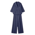 thumbnail image 7 of Costeam Womens Textured Woven Two Piece Outfit Lapel Collar 3 Quarter Sleeve Pocket Top And Elastic Waist Wide Leg Pants Loose Fit Solid Color Casual Co Ord Set, 7 of 7
