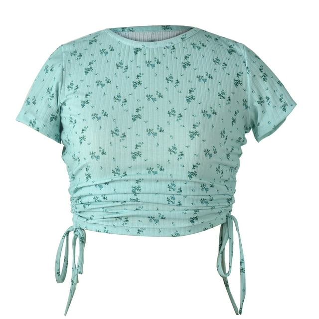 T-Shirt Imprimé pour Femmes avec Cordon de Serrage, Col Rond Court, Haut Décontracté, T-Shirt Harajuku