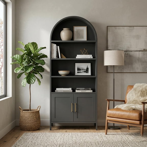 Danolapsi 73 in Tall Metal Black Arched Cabinet,Modern Farmhouse 5-Tier Arched Display Bookshelf with Adjustable Shelves,Kitchen Pantry Cabinet Freestanding Bookshelf for Living Room,Office
