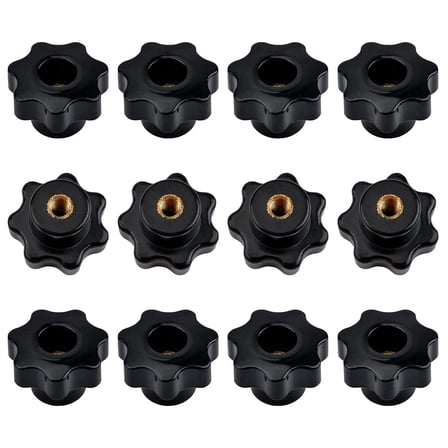 Star Knob M6 Knurled Thread Clamping Knob, 12pcs Black Plastic Through Hole Set Brass Female Threaded Nut,Screw-On Handle Clamping Knob for Mechanical Equipment