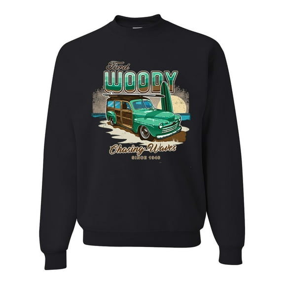 Wild Bobby, 1946 Vintage Ford Woody Chasing Waves Cars and Trucks Unisex Crewneck Graphic Sweatshirt, Black, Small