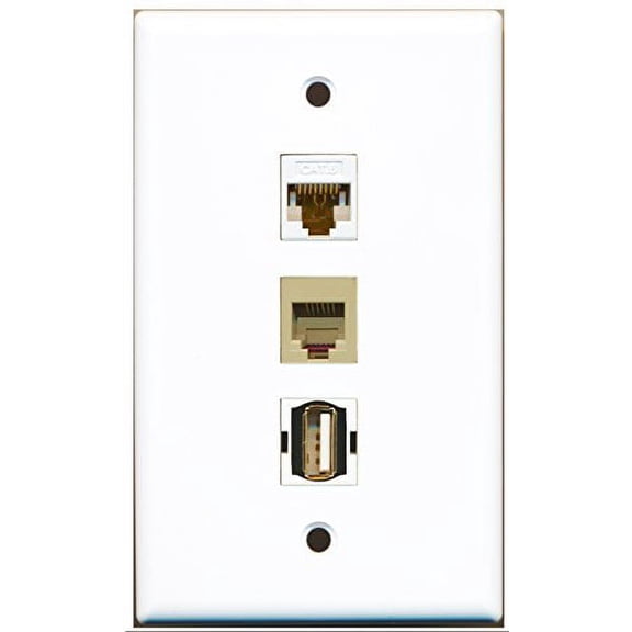 RiteAV - 1 Port USB A-A and 1 Port Phone RJ11 RJ12 Beige and 1 Port Cat6 Ethernet White Wall Plate