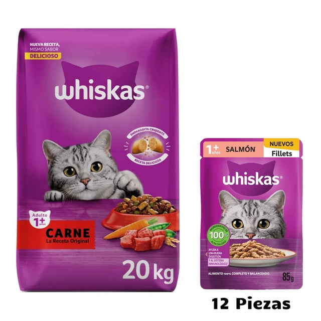 Whiskas Original Carne 20 kg + Caja Whiskas Sobre Gato Filets Salmon 85 g (12 Pzas)