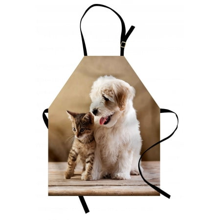 Animal Apron Cute Baby Cat Kitten and Puppy Dog Best Friends Image Photo Artwork, Unisex Kitchen Bib Apron with Adjustable Neck for Cooking Baking Gardening, Sand Brown Cream and White, by
