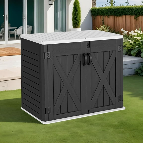 Uforic Outdoor Horizontal Storage Shed with X-Shaped Lockable Door, 35 Cu Ft Weather Resistant Resin Tool Shed, Dark Gray