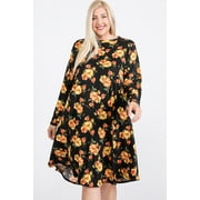 Women's Plus Size Floral Print Mock Neck Hidden Pocket Round Hem Midi Dress