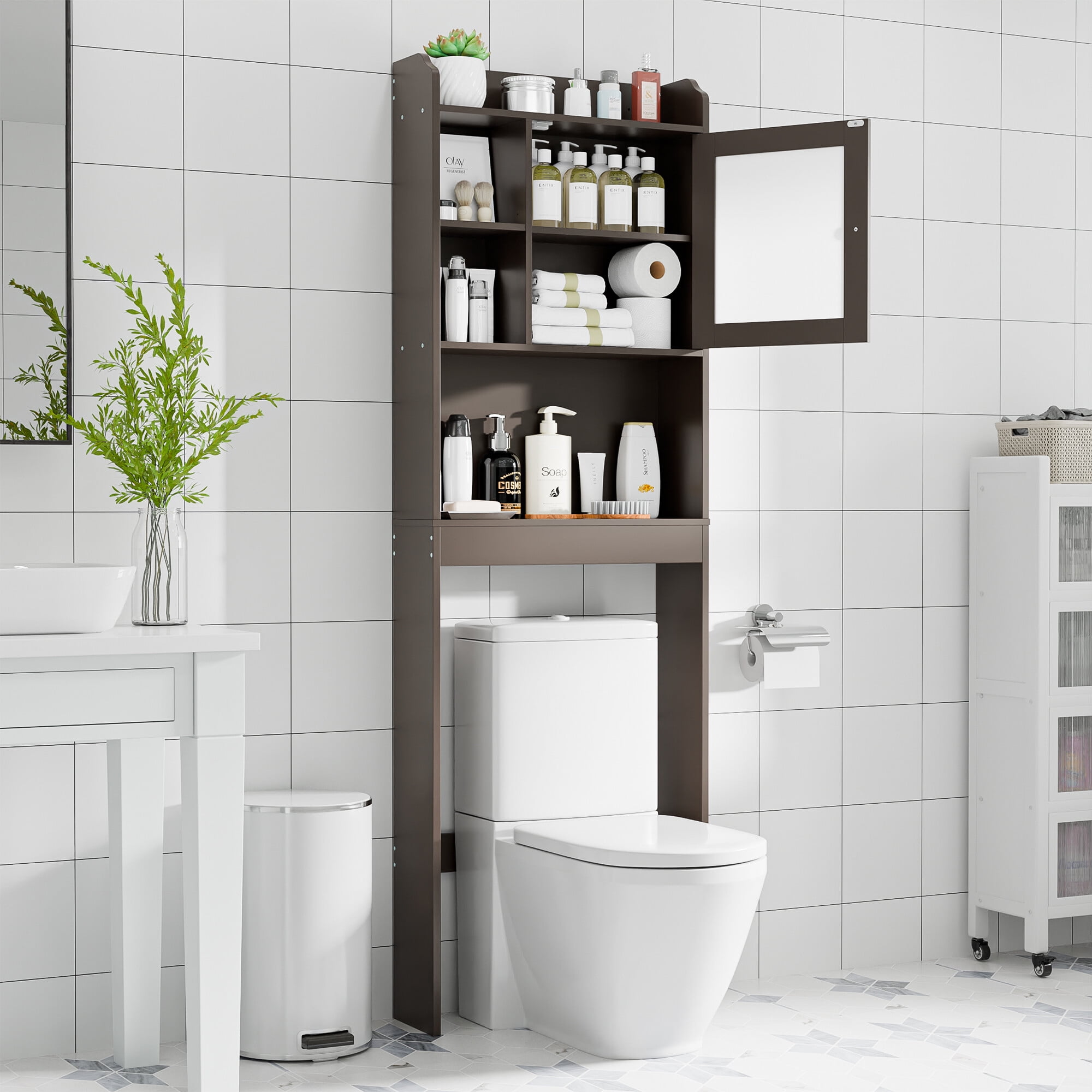 HomGarden Over The Toilet Storage Cabinet Adjustable Bathroom Organizer Brown