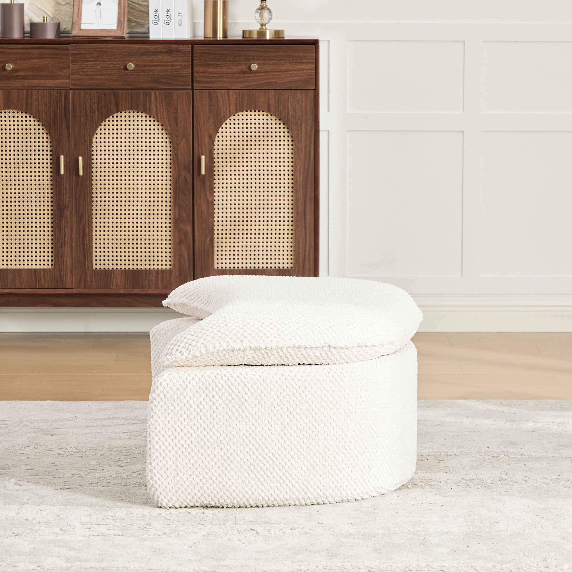 GDF Studio 34.45-Inch Moon-Shaped Footstool Ottoman with Pineapple Lattice Fabric, Beige