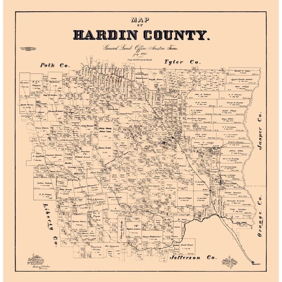 Historic County Map - Hardin County Texas - Baker 1895 - 23 x 23.54 - Vintage Wall Art