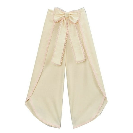 Girls Ivory Pink Scalloped Trim Bow Accent Wide Leg Pants