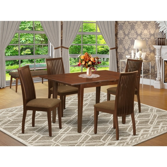 5-Piece Dining Set - Rectangle Table with Butterfly Leaf & 4 Linen Chairs - Mahogany Finish