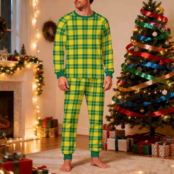 KeShDi Christmas Pajamas For Men's Christmas Fashion Christmas Plaid Print Tops And Pants Pajama Suit Homewear Yellow L
