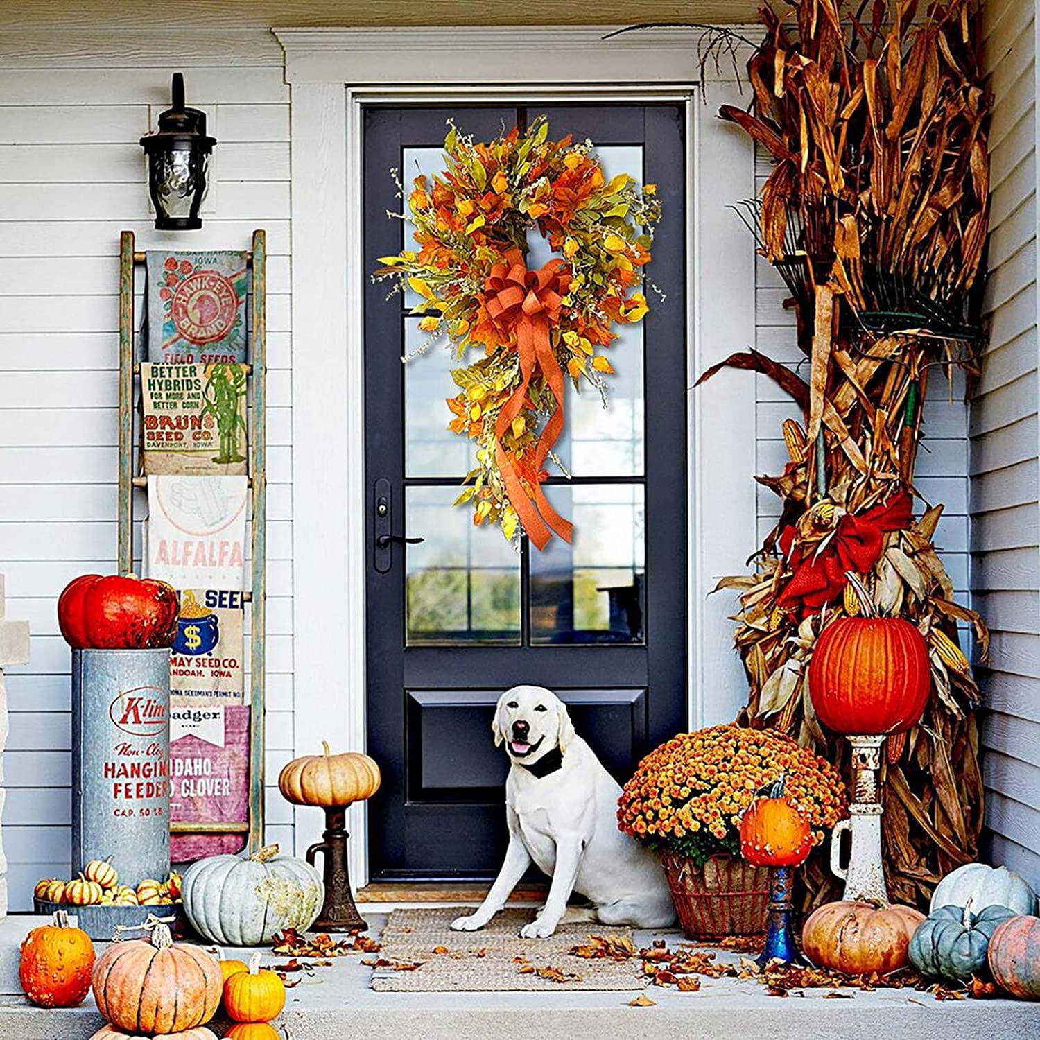 Couronne D’automne Décorative - Citrouille Blanche Et Feuilles D’érable, Pour Porte Ou Mur, 30 Cm