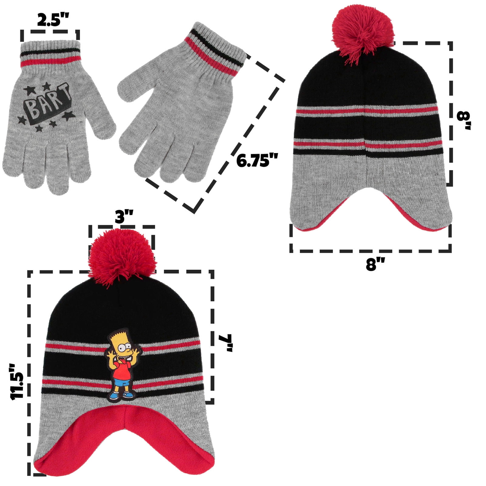 The Simpsons Boys Little Bart Hat and Gloves Cold Weather Set grey//black//red Age 4-7