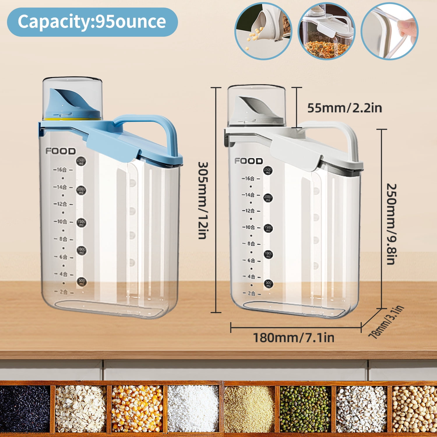 2 Cereal Containers Storage, 2.8L/95oz Airtight Large Food Storage Containers